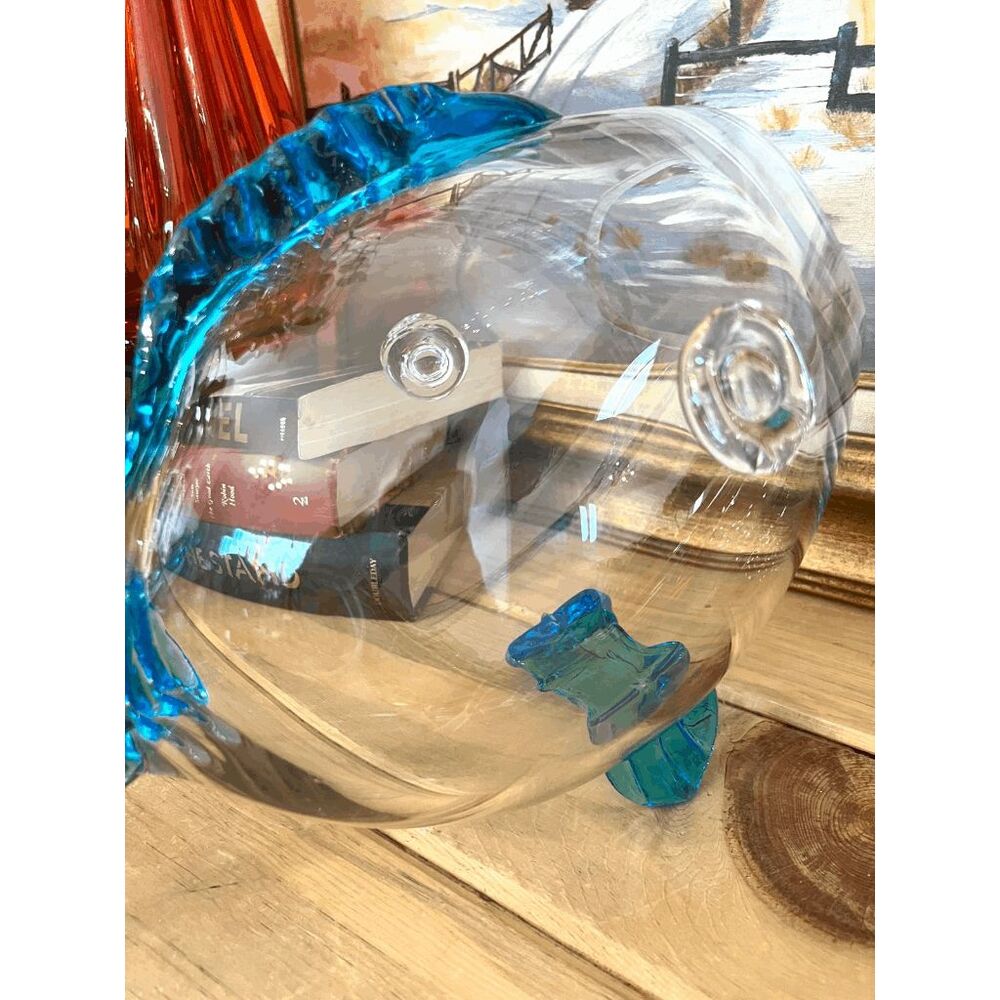Vintage Blenko Style Glass Fish Vase Clear Art Glass Bowl with Aqua Blue Fins - Picture 4 of 6